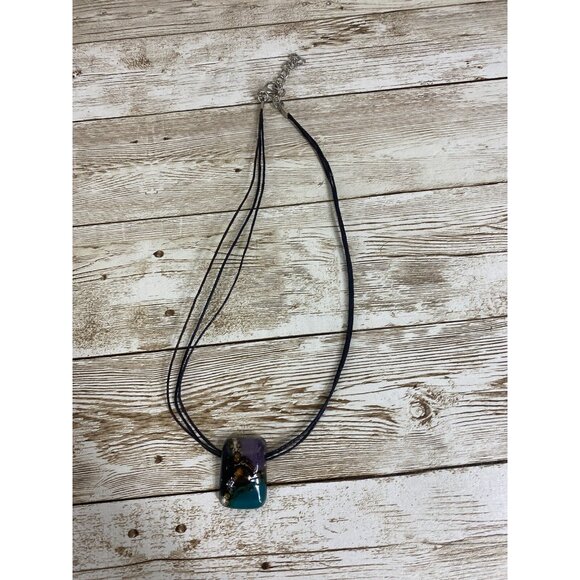 Art Glass Pendant Corded Necklace Boho Chic Choker Vtg Handmade Colors Beachy - Picture 1 of 8